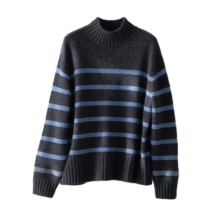 Damen Gestreifter Feinstrick-Pullover mit halbhohem Rippkragen und geripptem Saum Drune