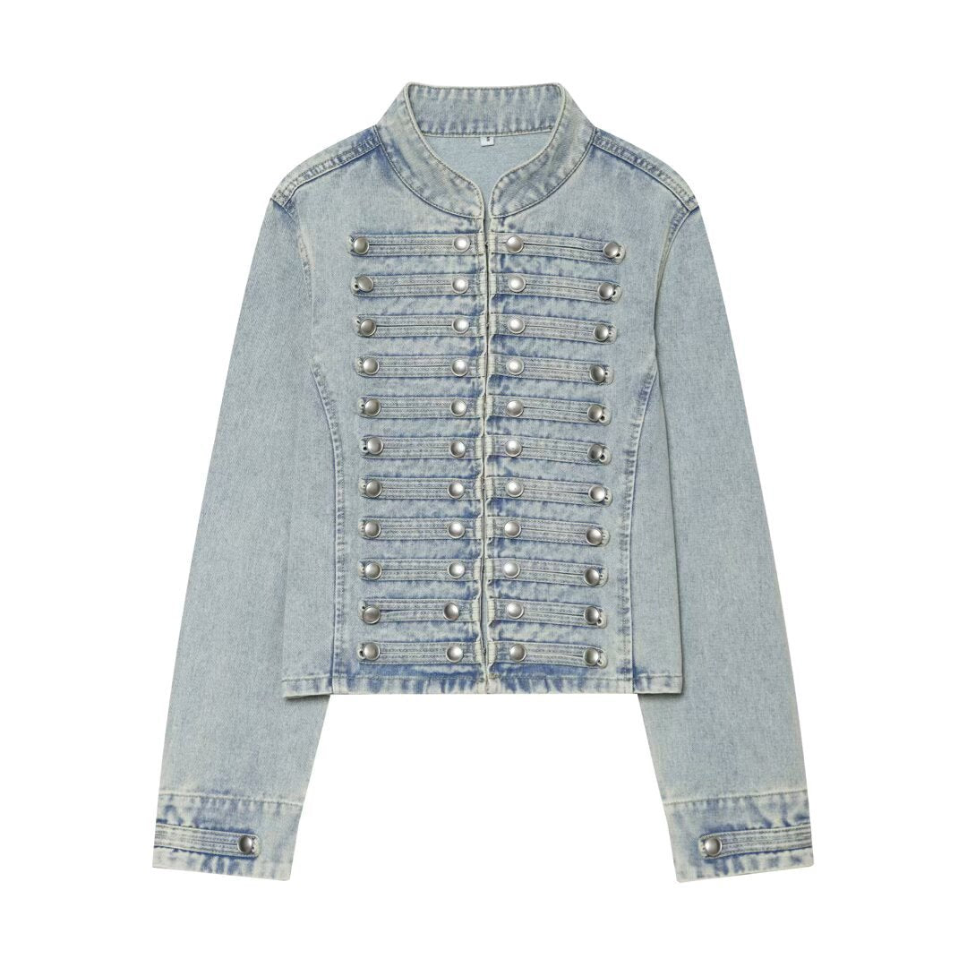 Damen Cropped Denim‑Blouson im Frackstil mit dekorativen Reihenknöpfen Drune