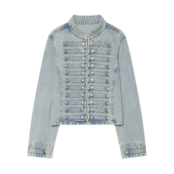 Damen Cropped Denim‑Blouson im Frackstil mit dekorativen Reihenknöpfen Drune