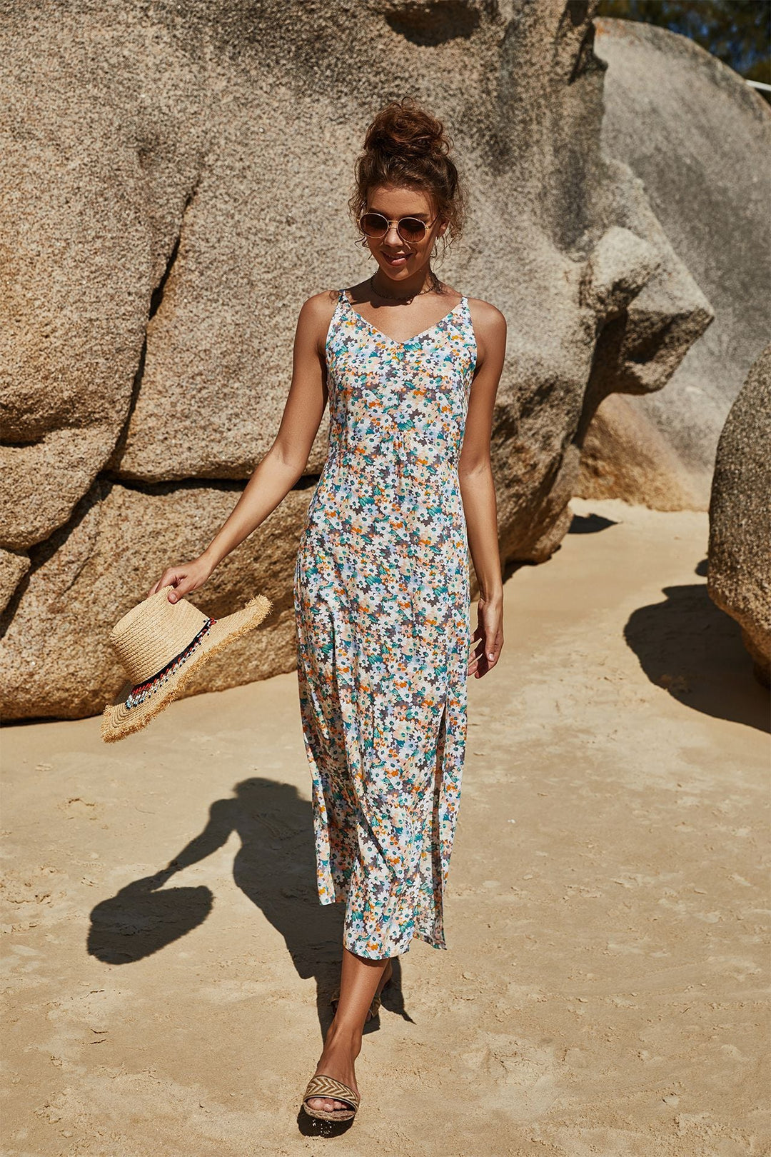 Damen Maxikleid mit floralem Muster und seitlichem Schlitz Drune