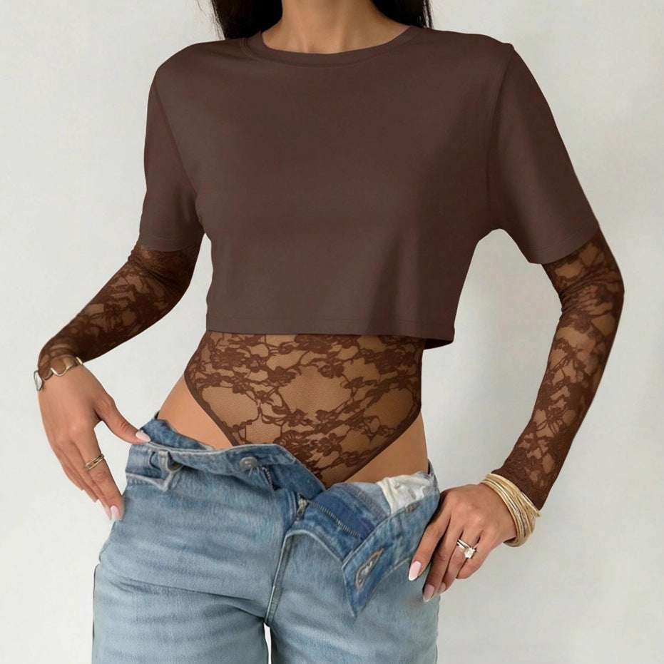 Damen Kurzschnitt-Shirt mit transparentem Spitzen-Bodysuit-Overlay Drune