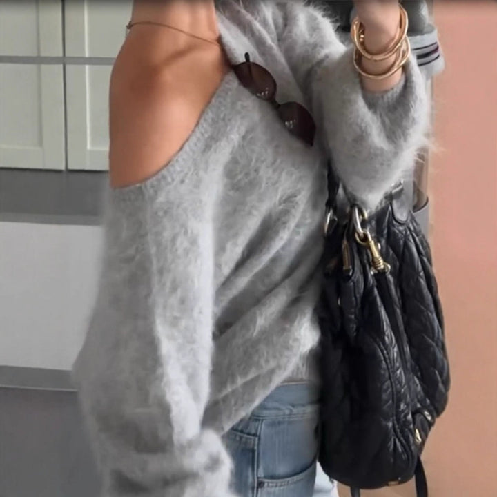 Damen Oversize Mohair-Blend Off-Shoulder Pullover mit Ballonärmeln Drune