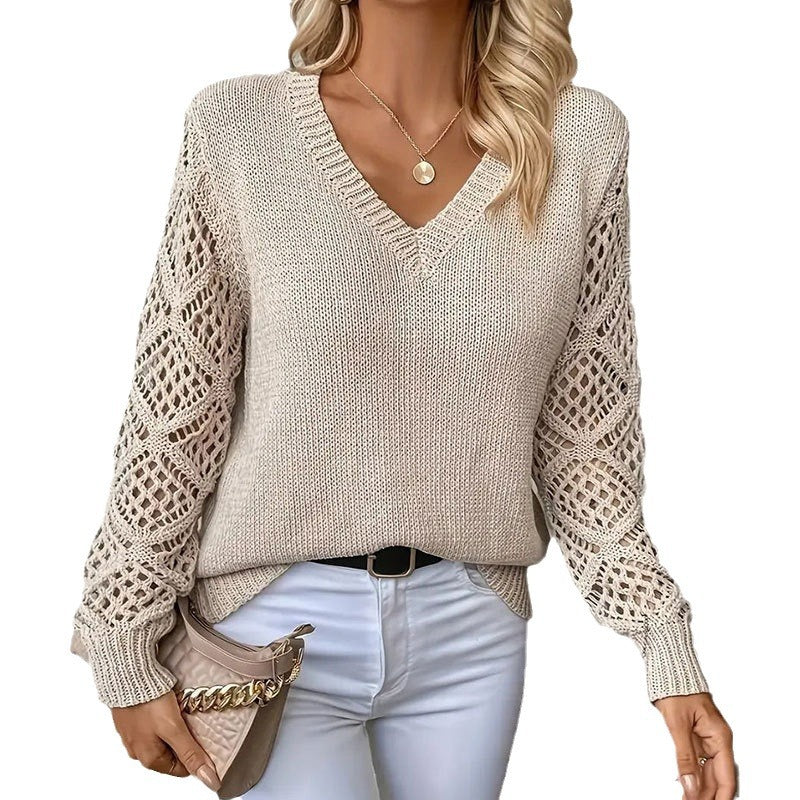 Damen Strickpullover mit raffiniertem Lochmuster und V-Ausschnitt Drune
