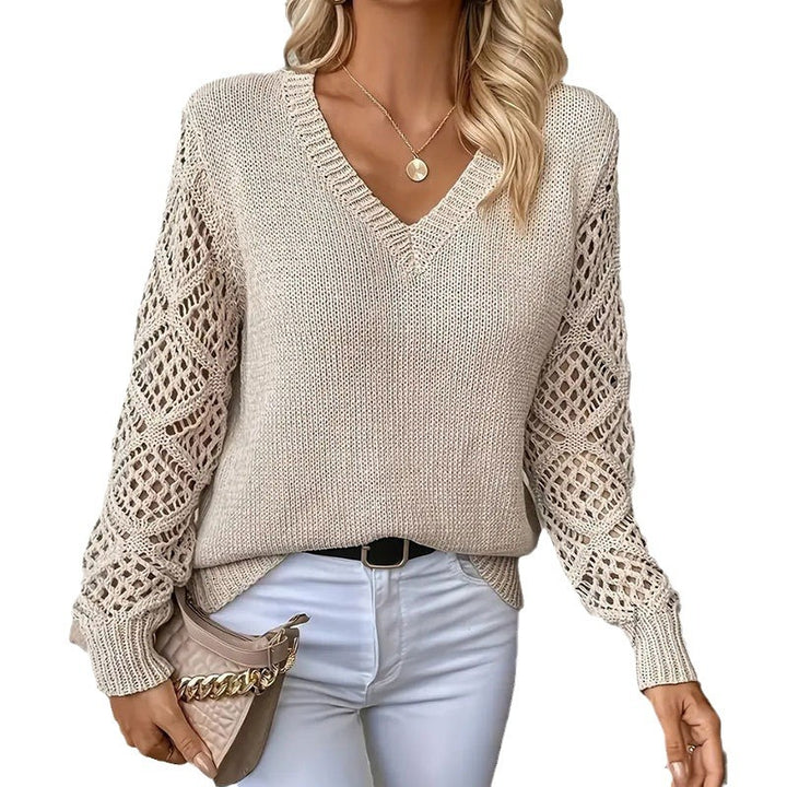 Damen Strickpullover mit raffiniertem Lochmuster und V-Ausschnitt Drune