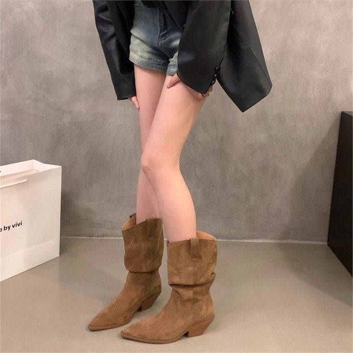 Damen Slouchy Western‑Stiefeletten mit spitzer Zehenform und sculpted Blockabsatz Drune