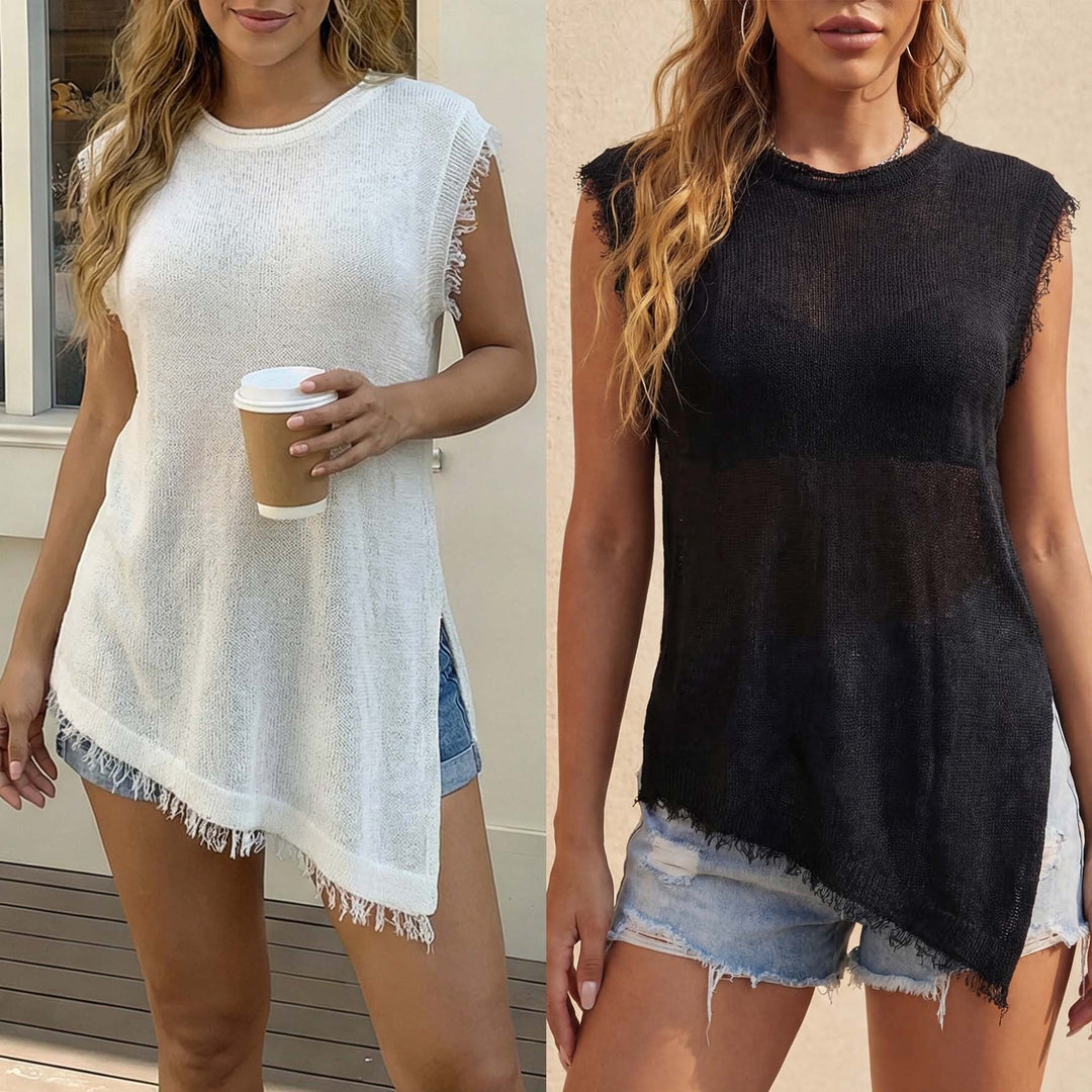 Damen lässiges Leinen-Top mit fransigen Details Drune