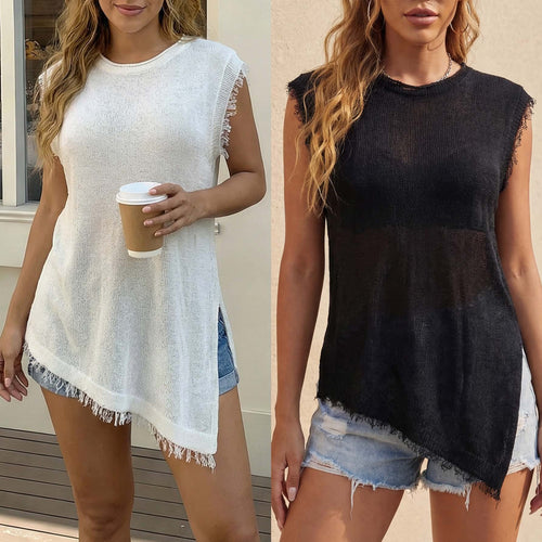 Damen lässiges Leinen-Top mit fransigen Details Drune