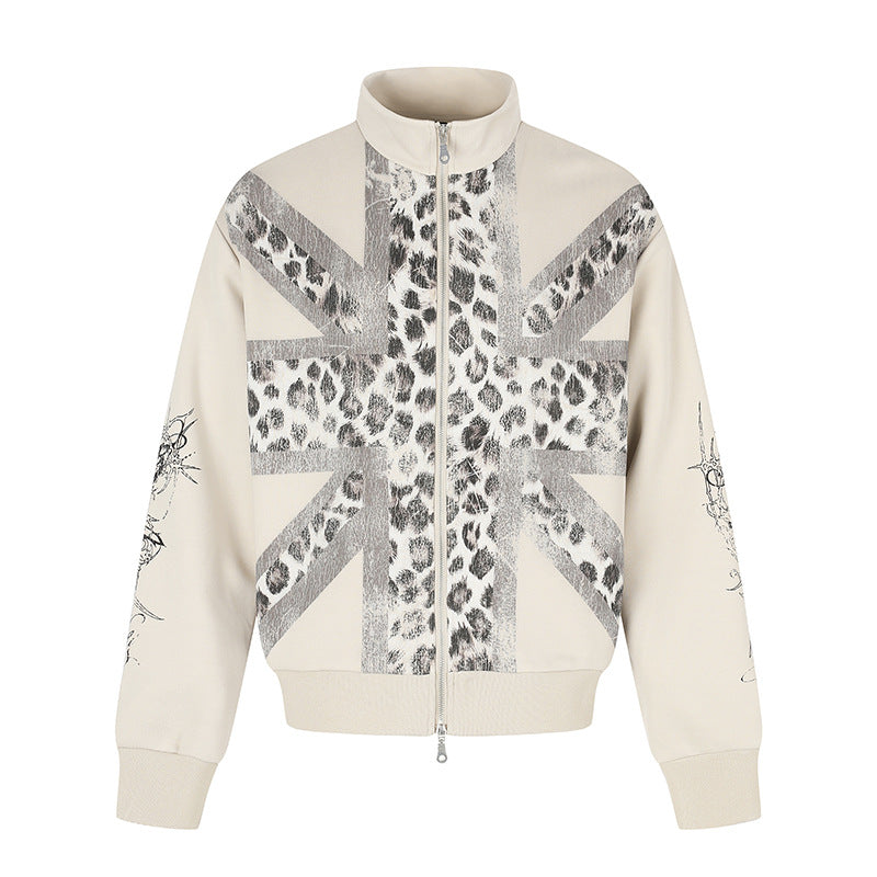 Damen Zip-Sweatjacke mit Stehkragen und Leoparden‑Union‑Jack‑Print Drune