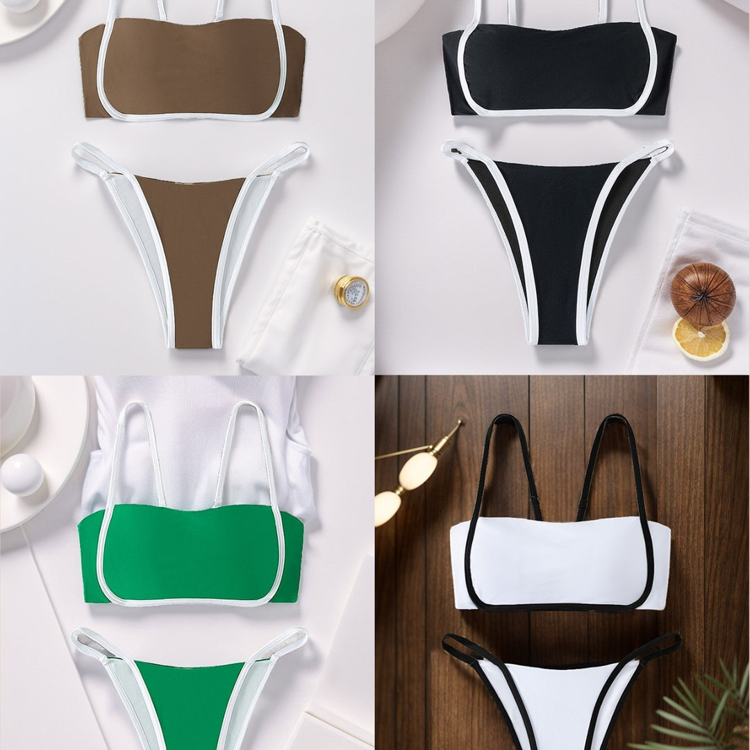 Damen Bandeau Bikini mit hohem Beinausschnitt und verstellbaren Trägern Drune
