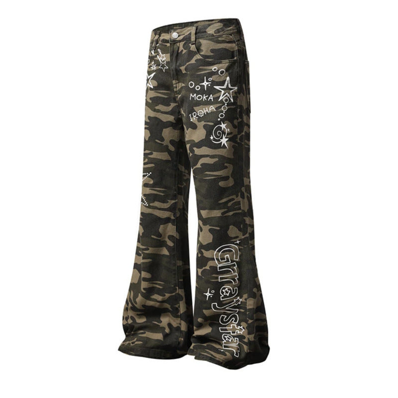 Damen Weite High‑Waist Palazzo‑Jeans im Camouflage‑Print mit Stern‑ und Schriftapplikationen, Schlaghose Drune