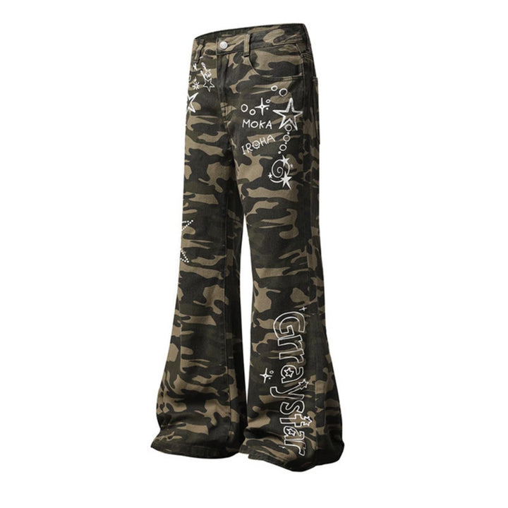 Damen Weite High‑Waist Palazzo‑Jeans im Camouflage‑Print mit Stern‑ und Schriftapplikationen, Schlaghose Drune