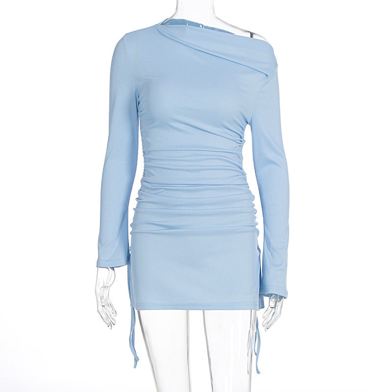 Damen Elegantes figurbetontes Kleid mit asymmetrischem Ausschnitt und Raffungen Drune