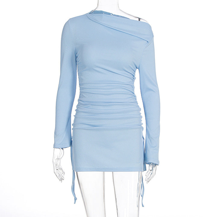 Damen Elegantes figurbetontes Kleid mit asymmetrischem Ausschnitt und Raffungen Drune