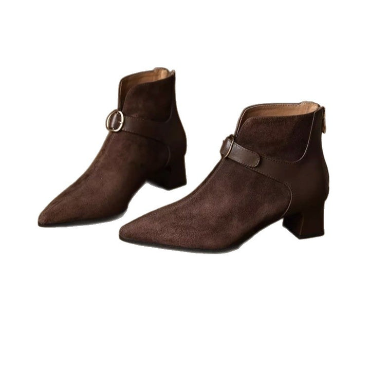 Damen elegante spitze Velours-Ankle-Boots mit mittelhohem Blockabsatz und Zierspange Drune