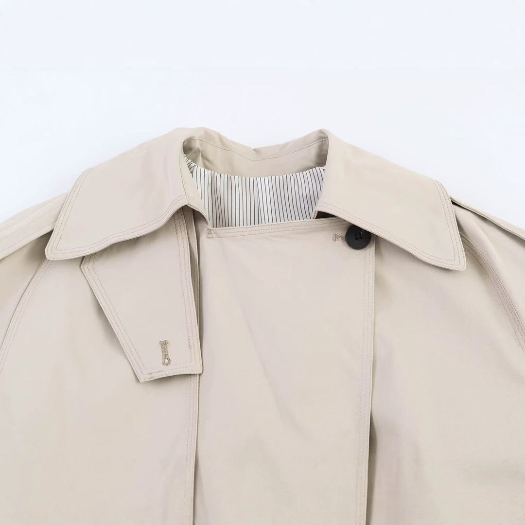 Damen Kurzer Oversize-Trenchcoat mit Bindegürtel und Cape-Detail Drune