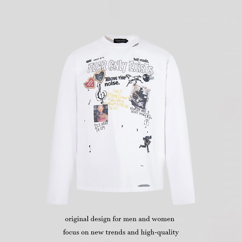 Herren Langarmshirt mit Print-Collage, Distressed‑Details und Relaxed‑Fit Drune