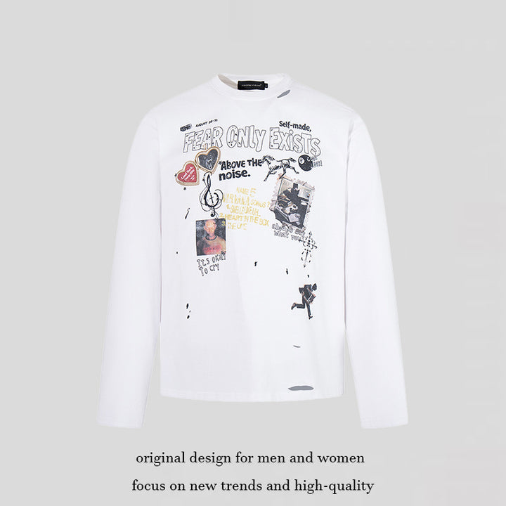 Herren Langarmshirt mit Print-Collage, Distressed‑Details und Relaxed‑Fit Drune