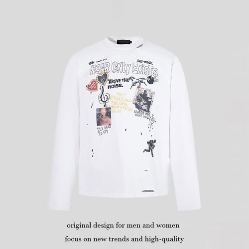 Herren Langarmshirt mit Print-Collage, Distressed‑Details und Relaxed‑Fit Drune