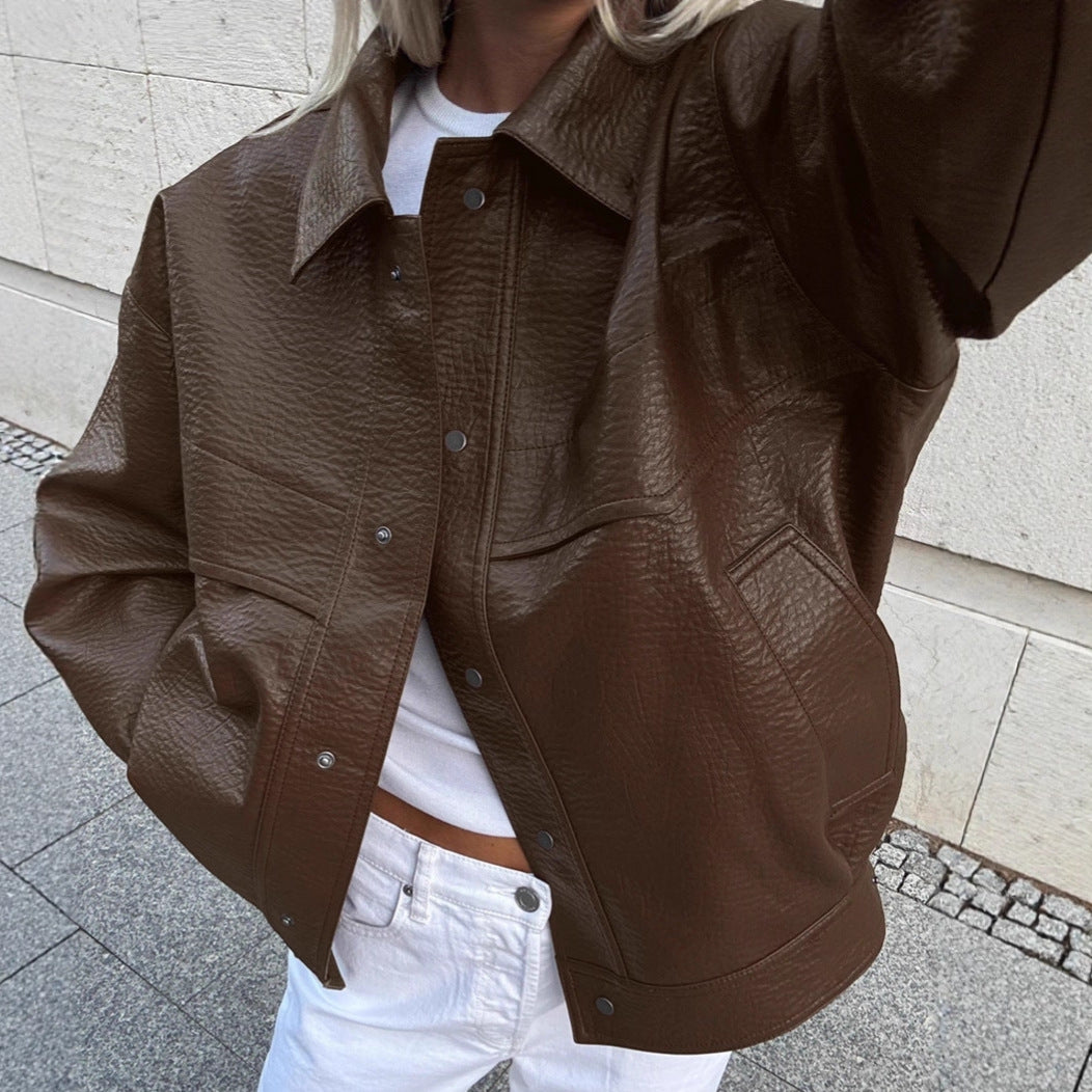 Damen Modische Kunstlederjacke im lässigen Oversized-Schnitt Drune