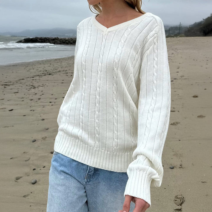 Damen nan feiner Strukturstrick-Pullover mit V‑Neck, Zopfmuster und geripptem Saum Drune
