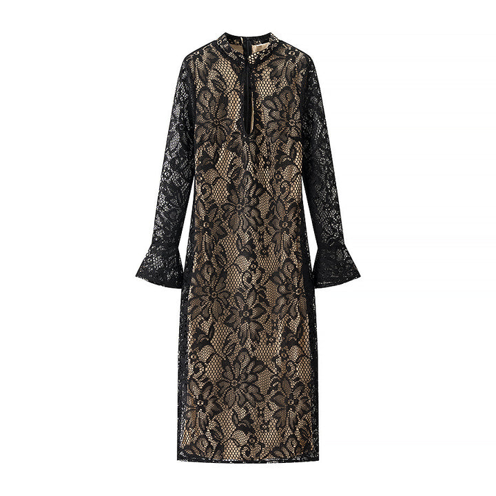 Damen nan florales Spitzen-Midikleid mit gefüttertem Nude-Unterkleid, Stehkragen, V-Schlitz und Glockenärmeln Drune