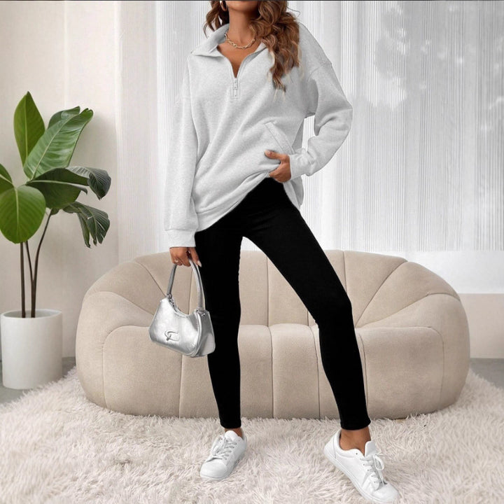 Damen Freizeitlicher Pullover mit kurzem Reißverschluss und Kängurutasche Drune