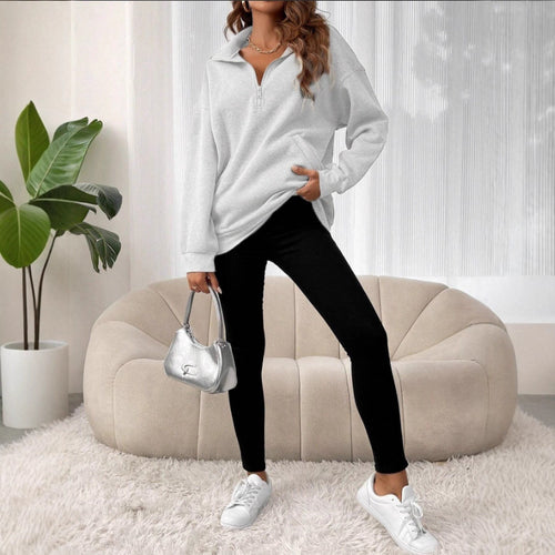 Damen Freizeitlicher Pullover mit kurzem Reißverschluss und Kängurutasche Drune