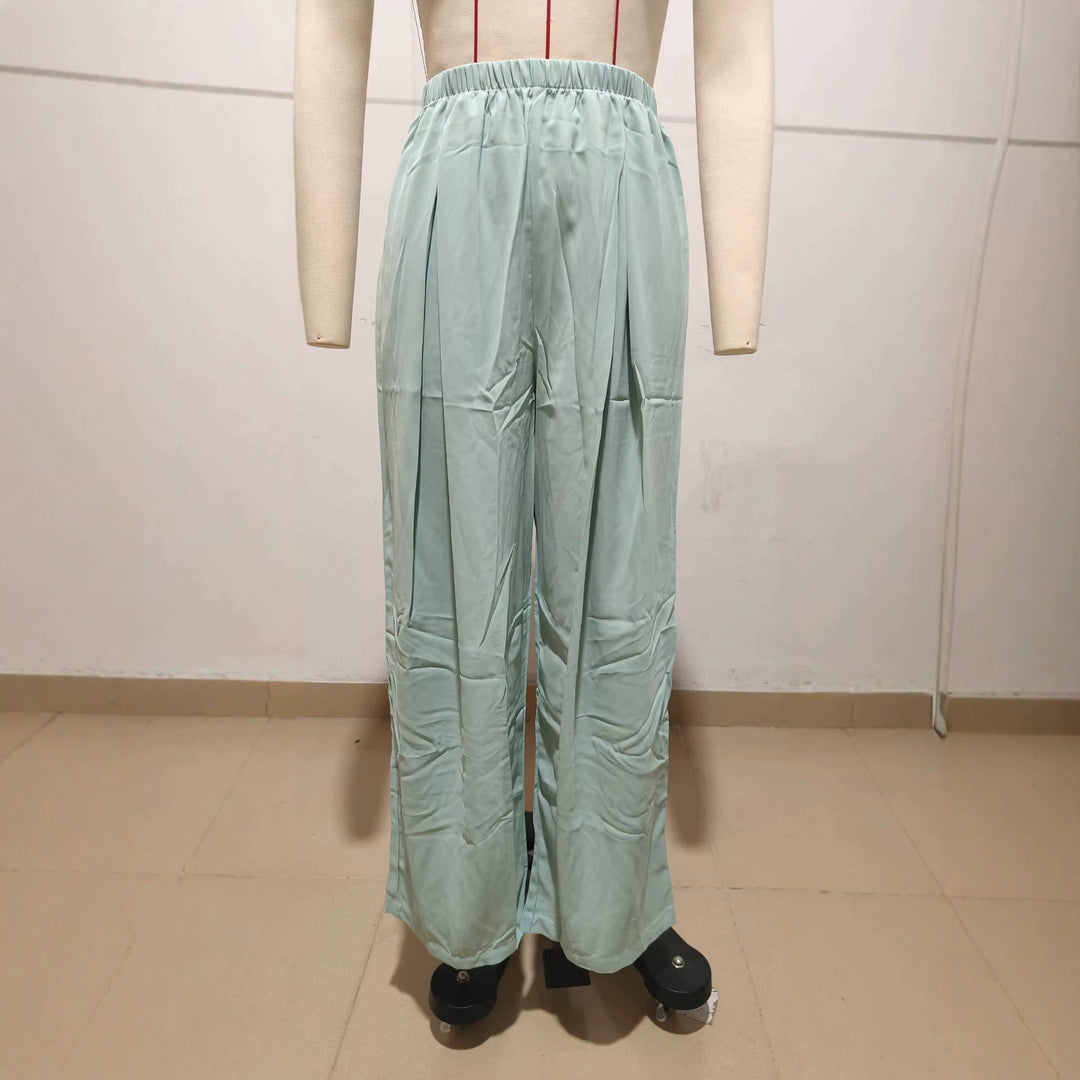 Damen Leichte Satin-Palazzohose mit hohem elastischem Bund und Kellerfalten Drune