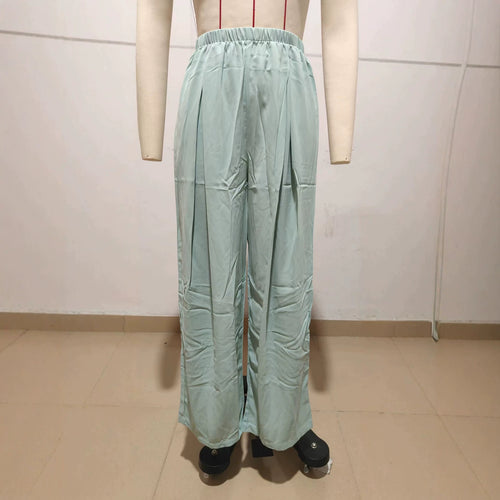 Damen Leichte Satin-Palazzohose mit hohem elastischem Bund und Kellerfalten Drune