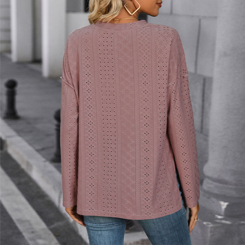 Damen Langärmelige Broderie-Anglaise-Bluse mit Henley-Knopfleiste & seitlichen Schlitzen Drune