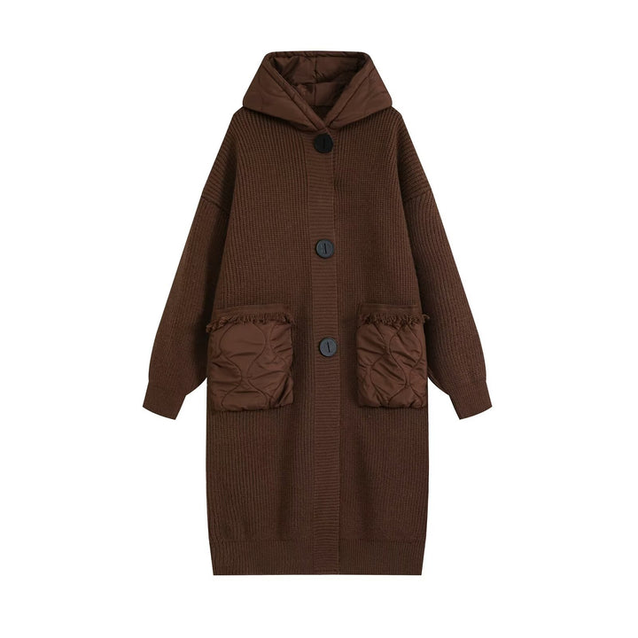 Damen Longline Grobstrickmantel mit gesteppter Kapuze und übergroßen Fronttaschen Drune