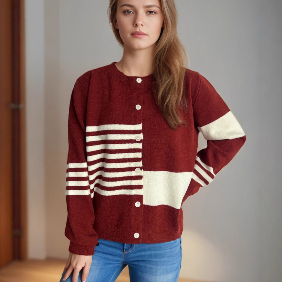 Damen lässige Strickjacke mit kontrastierenden Streifen und eleganten Knopfdetails Drune