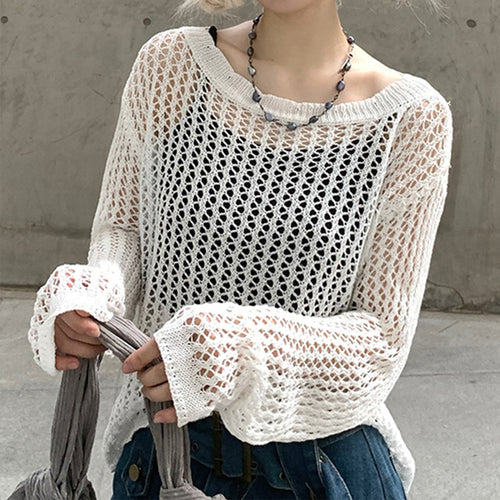 Damen luftiger Strickpullover mit feinem Netzmuster Drune