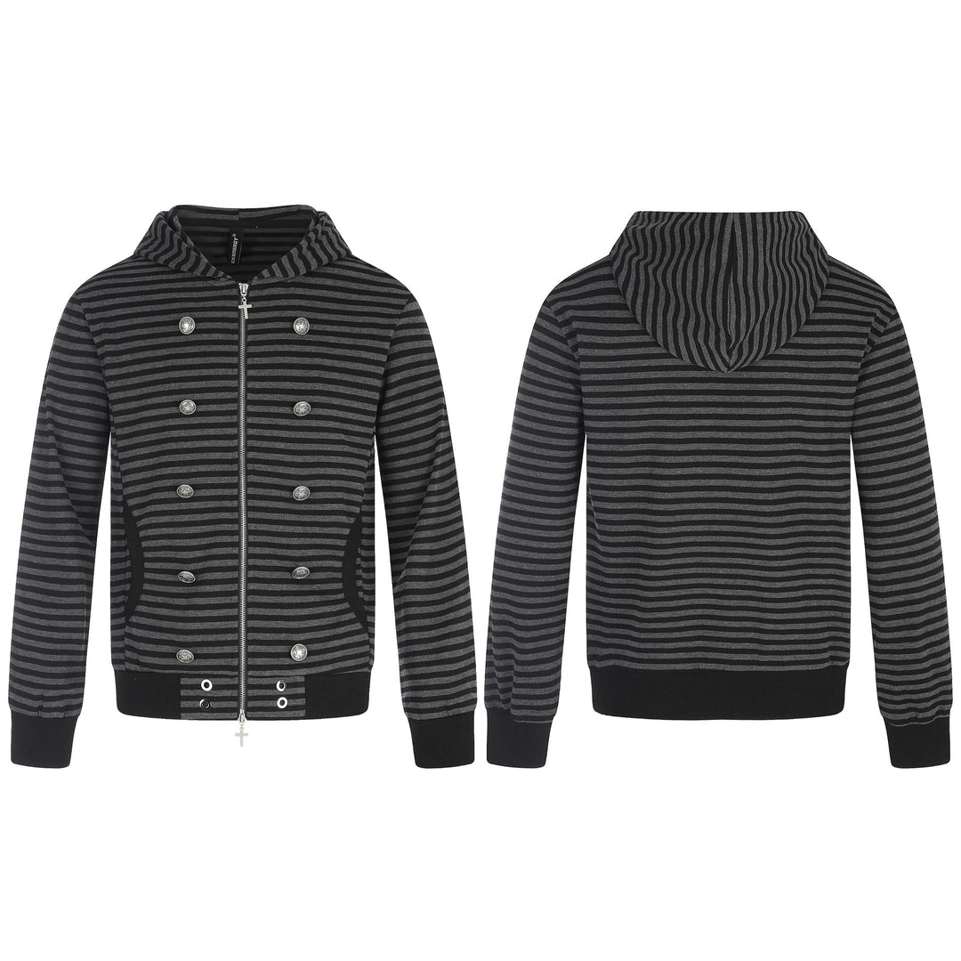 Herren Gestreifte Kapuzenjacke mit Doppelknopf-Optik, Rippenbündchen und Kreuz-Zipper Drune