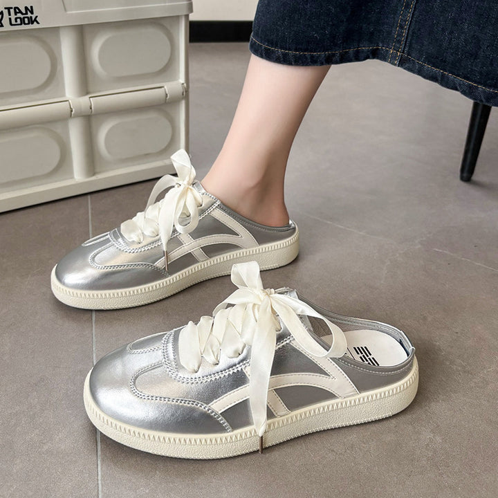 Damen Satin-Schnürpantoffel Mule-Sneaker mit offener Fersenpartie und Metallic-Optik Drune