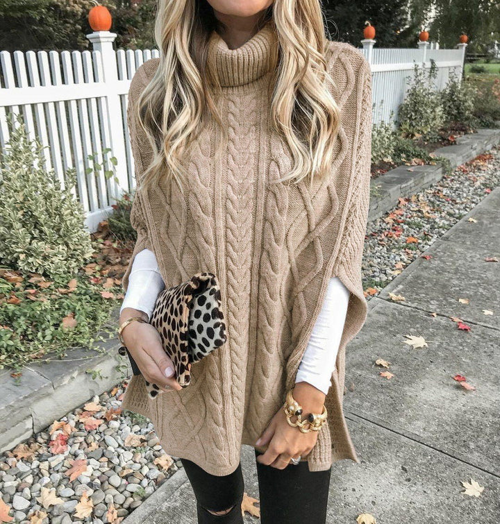 Damen Grobstrick-Poncho mit hohem Kragen und Zopf-Design Drune