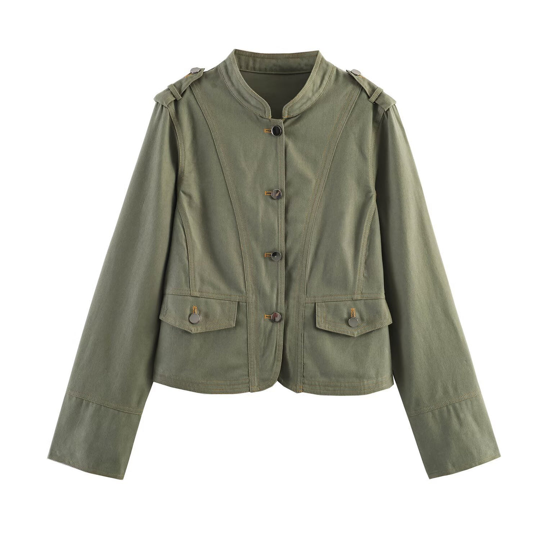 Damen Kurzjacke im Utility‑Stil mit Stehkragen und Schulterriegeln Drune
