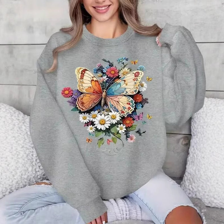 Damen Langarm Sweatshirt mit floralem Schmetterlingsdruck Drune