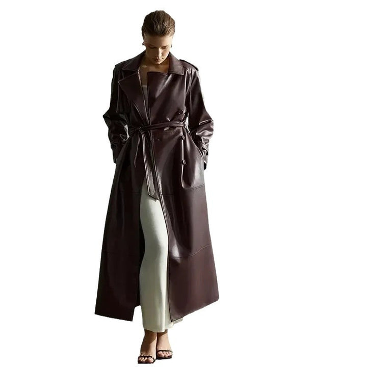 Damen Eleganter Kunstleder-Trenchcoat mit tailliertem Gürtel Drune
