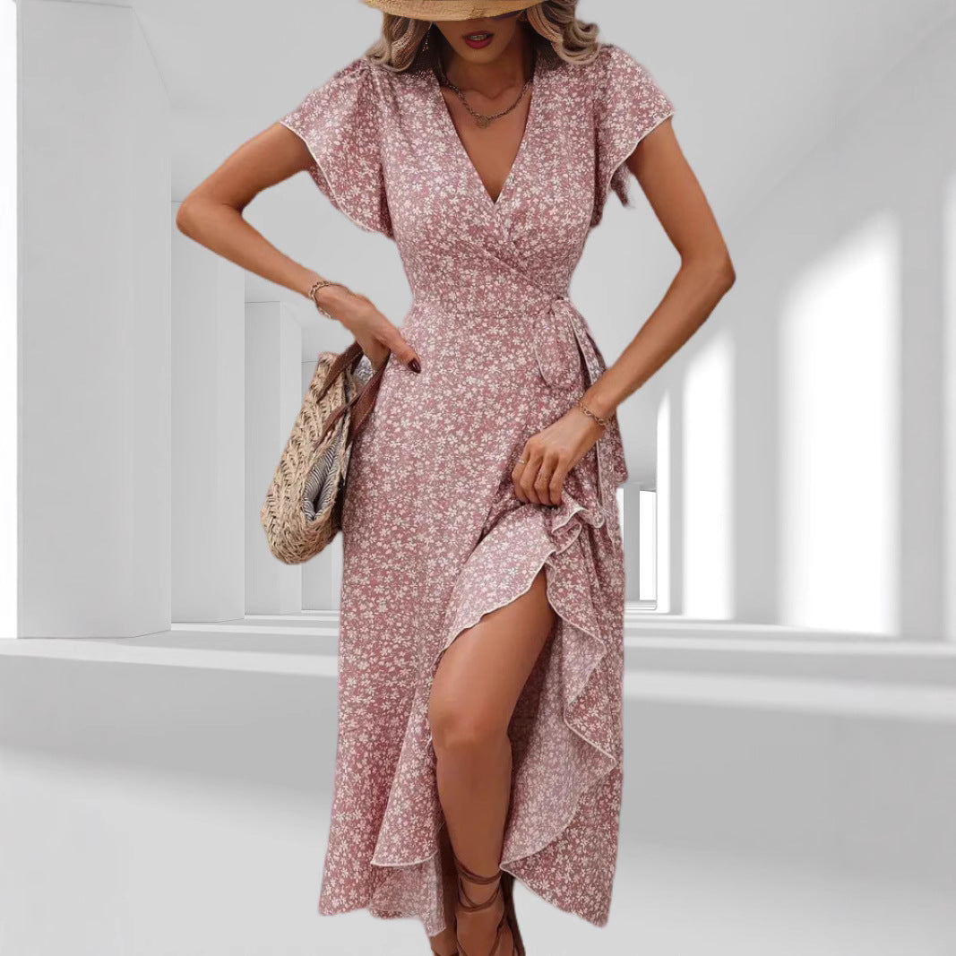 Drune | Atemberaubendes Kurzarm Grünes V-Ausschnitt Midi-Kleid