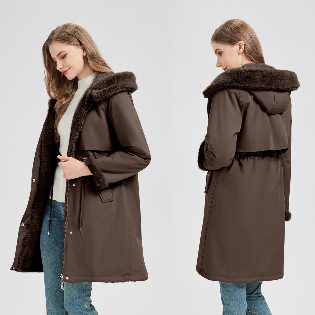 Damen nan langer Parka mit abnehmbarer Kunstfellkapuze und taillenverstellendem Kordelzug Drune