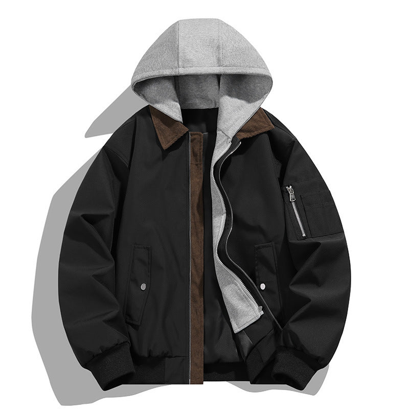 Herren lässige Freizeit-Bomberjacke mit innenliegendem Kapuzenlayer und Cord-Stehkragen Drune