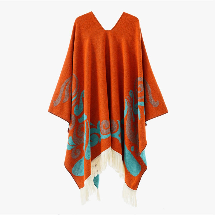 Damen Ornamentaler Jacquard‑Poncho mit V‑Ausschnitt und Fransensaum Drune