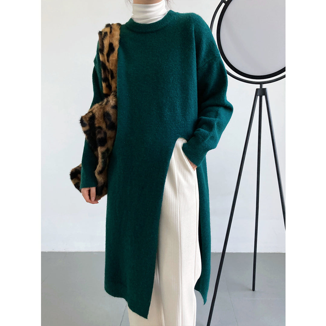 Damen Langer Strickpullover mit Lockere Passform und Seitenschlitzen Drune