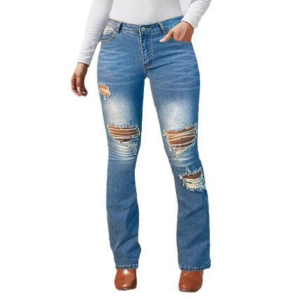 Damen Bootcut-Jeans mit Knie-Rissen aus Stretch-Denim und mittelhoher Taille Drune