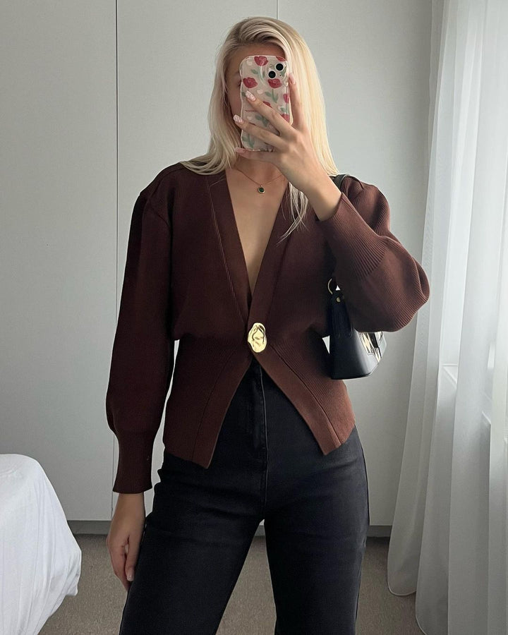Damen eleganter Strickcardigan mit tiefem V-Ausschnitt und dekorativem Knopf Drune