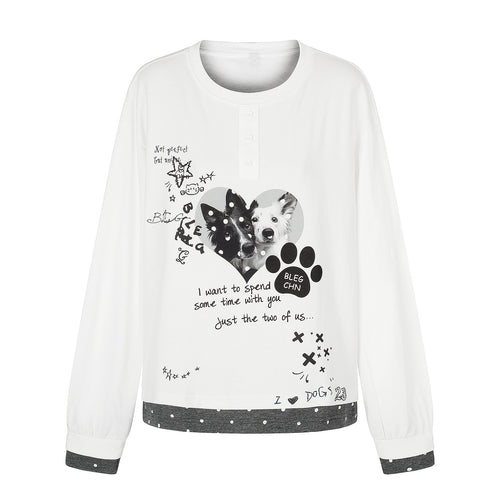 Damen Langarm-Pyjama-Top mit halbnaher Knopfleiste, Herz-Hundeprint und kontrastiertem Bündchen Drune