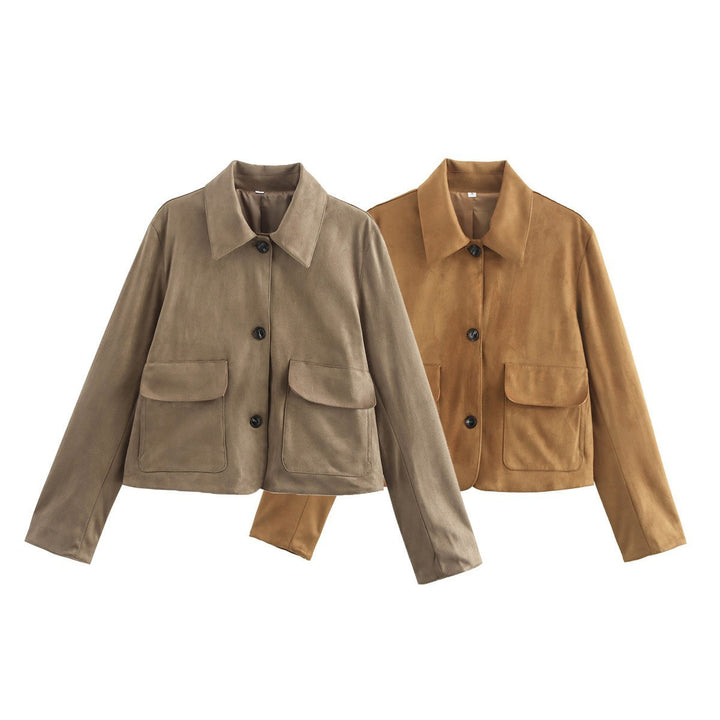 Damen elegante Kurzjacke aus weichem Kunstleder mit aufgesetzten Taschen Drune
