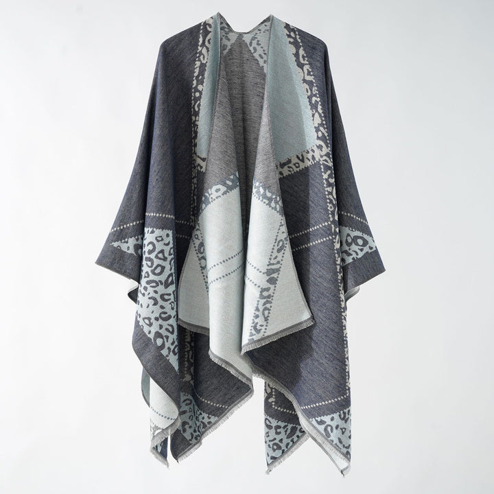 Damen Wendbarer Doubleface-Stola-Poncho aus Wollmix mit feinem Fransenrand Drune