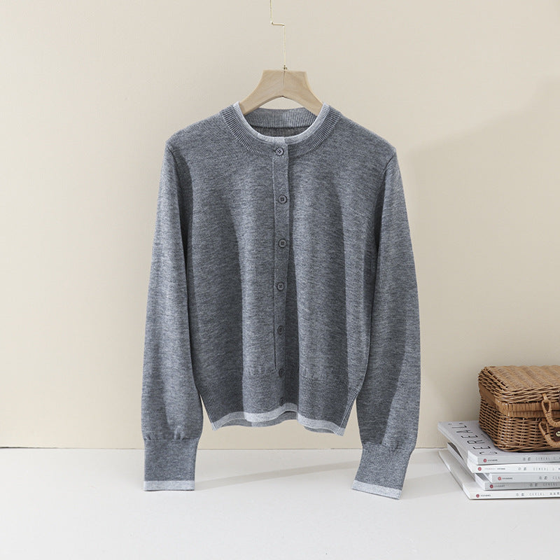 Damen Leichter Feinstrick-Cardigan mit Rundhals, Kontrastbündchen und durchgehender Knopfleiste Drune